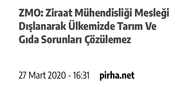 PİR HABER AJANSI: ZMO: ZİRAAT MÜHENDİSLİĞİ MESLEĞİ DIŞLANARAK ÜLKEMİZDE TARIM VE GIDA SORUNLARI ÇÖZÜLEMEZ- 27 MART 2020 