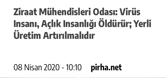 PİR HABER AJANSI: ZİRAAT MÜHENDİSLERİ ODASI: VİRÜS İNSANI, AÇLIK İNSANLIĞI ÖLDÜRÜR; YERLİ ÜRETİM ARTIRILMALIDIR- 8 NİSAN 2020