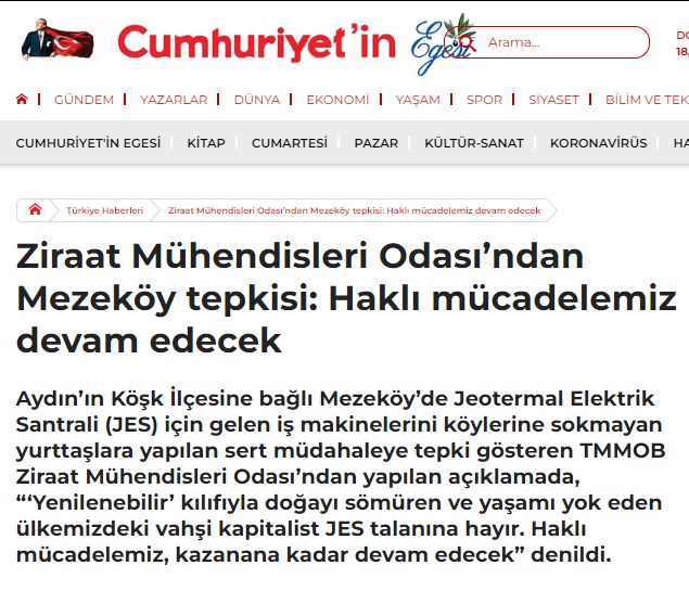 CUMHURİYET GAZETESİ: ZİRAAT MÜHENDİSLERİ ODASI'NDAN MEZEKÖY TEPKİSİ: HAKLI MÜCADELEMİZ DEVAM EDECEK- 24 AĞUSTOS 2022