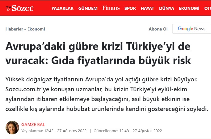 SÖZCÜ GAZETESİ: AVRUPA'DAKİ GÜBRE KRİZİ TÜRKİYE'Yİ DE VURACAK: GIDA FİYATLARINDA BÜYÜK RİSK- 27 AĞUSTOS 2022