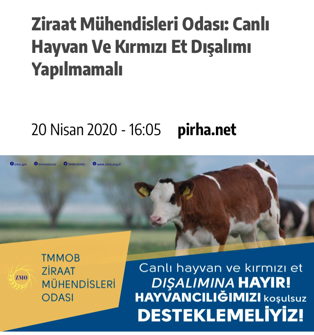 PİR HABER AJANSI: ZİRAAT MÜHENDİSLERİ ODASI: CANLI HAYVAN VE KIRMIZI ET DIŞALIMI YAPILMAMALI- 20 NİSAN 2020