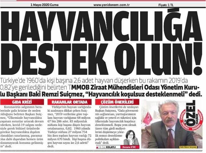 YENİ DÖNEM GAZETESİ: HAYVANCILIĞA KÖSTEK DEĞİL DESTEK OLUNMALI!- 1 MAYIS 2020