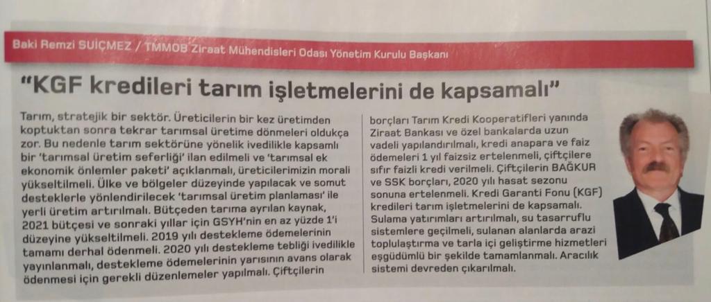 TİCARET GAZETESİ: "KGF KREDİLERİ TARIM İŞLETMELERİNİ DE KAPSAMALI"- MAYIS 2020