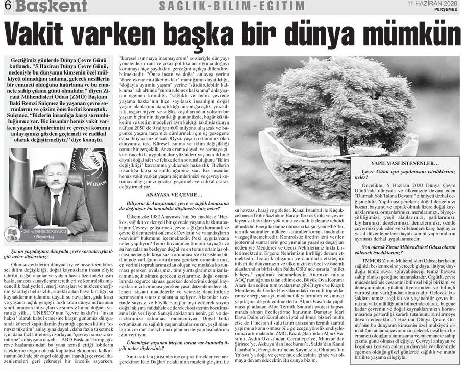 BAŞKENT GAZETESİ: VAKİT VARKEN BAŞKA BİR DÜNYA MÜMKÜN- 11 HAZİRAN 2020