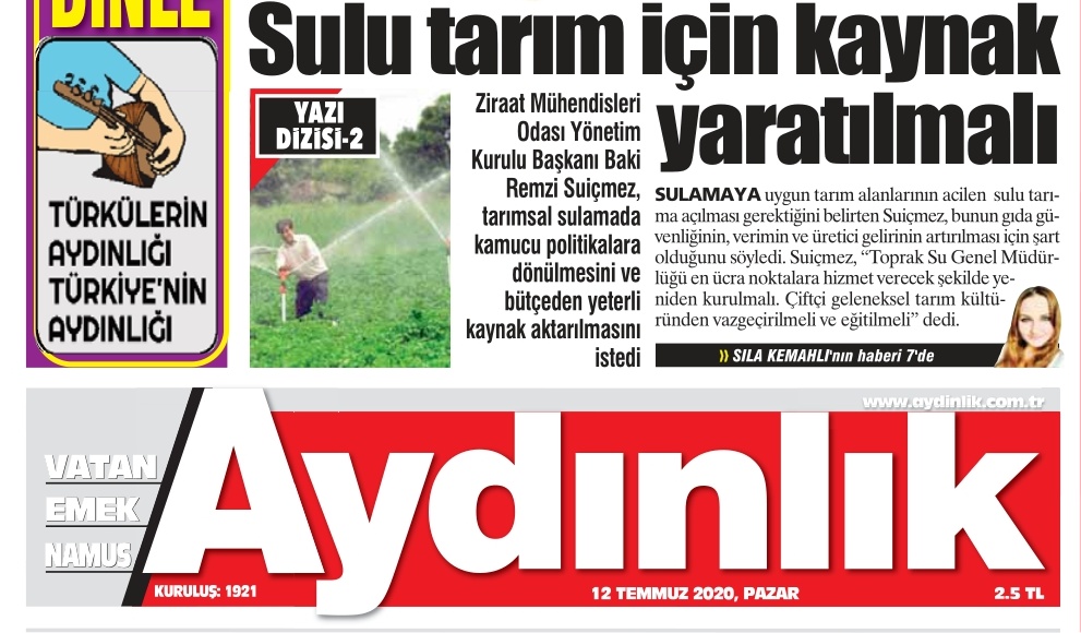 AYDINLIK GAZETESİ: ZMO YÖNETİM KURULU BAŞKANI BAKİ REMZİ SUİÇMEZ: `SU MAL DEĞİL TOPLUMSAL DEĞERDİR`- 12 TEMMUZ 2020