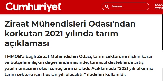 CUMHURİYET GAZETESİ: ZİRAAT MÜHENDİSLERİ ODASI`NDAN KORKUTAN 2021 YILINDA TARIM AÇIKLAMASI- 16 ARALIK 2020