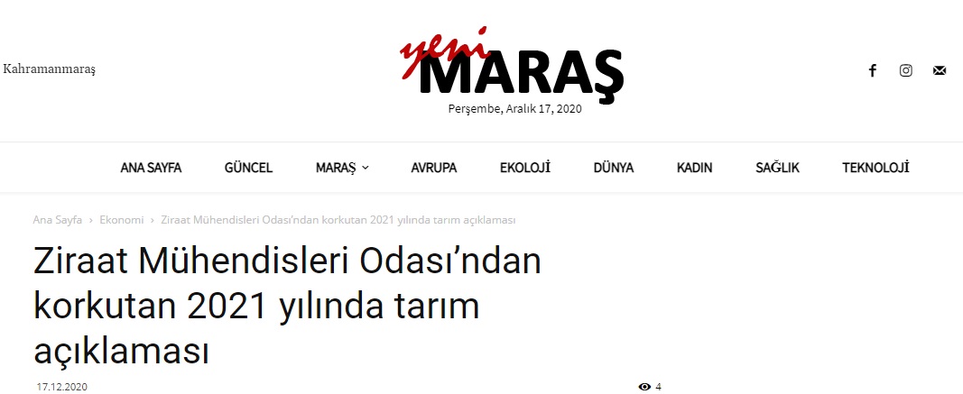 YENİMARAŞ.COM: ZİRAAT MÜHENDİSLERİ ODASI'NDAN KORKUTAN 2021 YILINDA TARIM AÇIKLAMASI- 17 ARALIK 2020