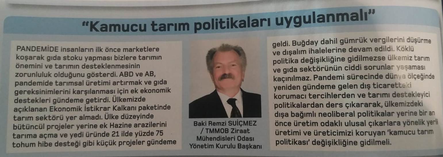 PARA DERGİSİ: "KAMUCU TARIM POLİTİKALARI UYGULANMALI"-  27 ARALIK 2020 / 9 OCAK 2021