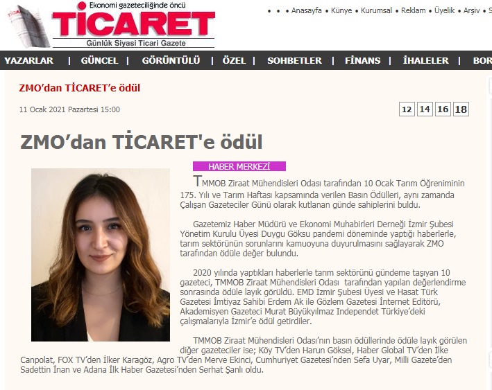 TİCARET GAZETESİ: ZMO'DAN TİCARET`E ÖDÜL- 11 OCAK 2021