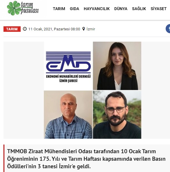 TARIM PUSULASI: TMMOB ZİRAAT MÜHENDİSLERİ ODASI`NDAN İZMİR BASININA ÜÇ ÖDÜL- 11 OCAK 2021