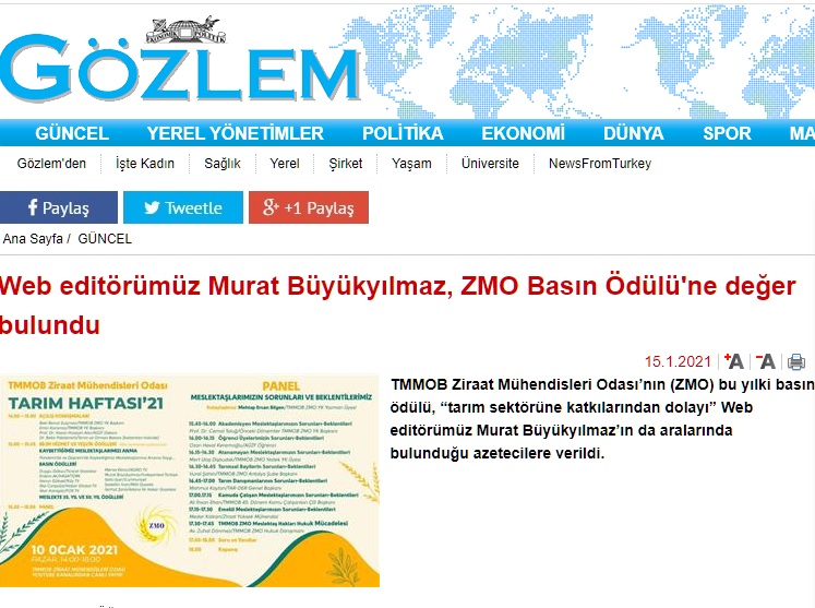 GÖZLEM GAZETESİ: WEB EDİTÖRÜMÜZ MURAT BÜYÜKYILMAZ, ZMO BASIN ÖDÜLÜ`NE DEĞER BULUNDU- 15 OCAK 2021