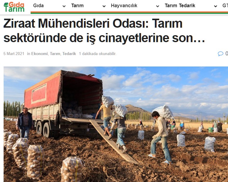 GIDA TARIM: ZİRAAT MÜHENDİSLERİ ODASI: TARIM SEKTÖRÜNDE DE İŞ CİNAYETLERİNE SON...- 5 MART 2021