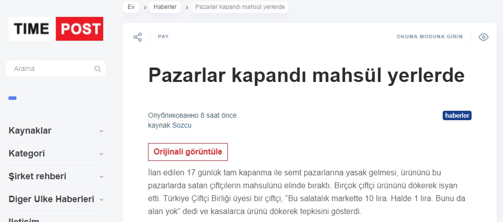 TİME POST: PAZARLAR KAPANDI MAHSÜL YERLERDE- 4 MAYIS 2021