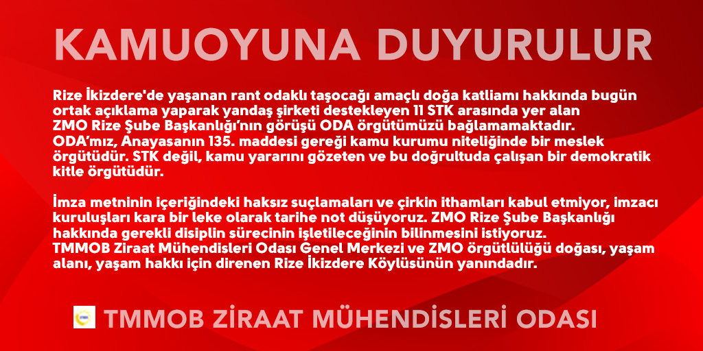 ANKA HABER: ZİRAAT MÜHENDİSLERİ ODASI RİZE ŞUBESİ, İKİZDERE'DE ŞİRKETE DESTEK VERDİ, ODA GENEL MERKEZİ DİSİPLİN SÜRECİ BAŞLATTI
