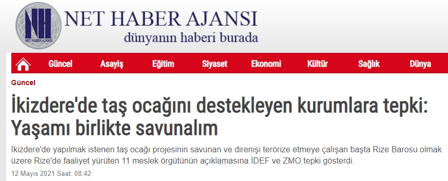 NET HABER AJANSI: İKİZDERE`DE TAŞ OCAĞINI DESTEKLEYEN KURUMLARA TEPKİ: YAŞAMI BİRLİKTE SAVUNALIM- 12 MAYIS 2021