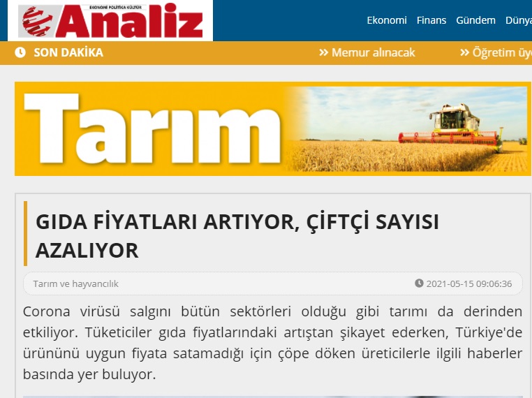 ANALİZ GAZETESİ: GIDA FİYATLARI ARTIYOR, ÇİFTÇİ SAYISI AZALIYOR- 15 MAYIS 2021