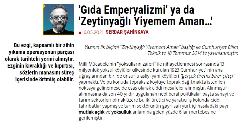 HABER SOL: `GIDA EMPERYALİZMİ` YA DA `ZEYTİNYAĞLI YİYEMEM AMAN...`- 16 MAYIS 2021