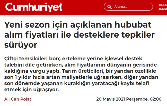 CUMHURİYET GAZETESİ: YENİ SEZON İÇİN AÇIKLANAN HUBUBAT ALIM FİYATLARI İLE DESTEKLERE TEPKİLER SÜRÜYOR- 20 MAYIS 2021