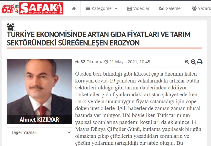 ŞAFAK GAZETESİ: TÜRKİYE EKONOMİSİNDE ARTAN GIDA FİYATLARI VE TARIM SEKTÖRÜNDEKİ SÜREĞENLEŞEN EROZYON- 21 MAYIS 2021