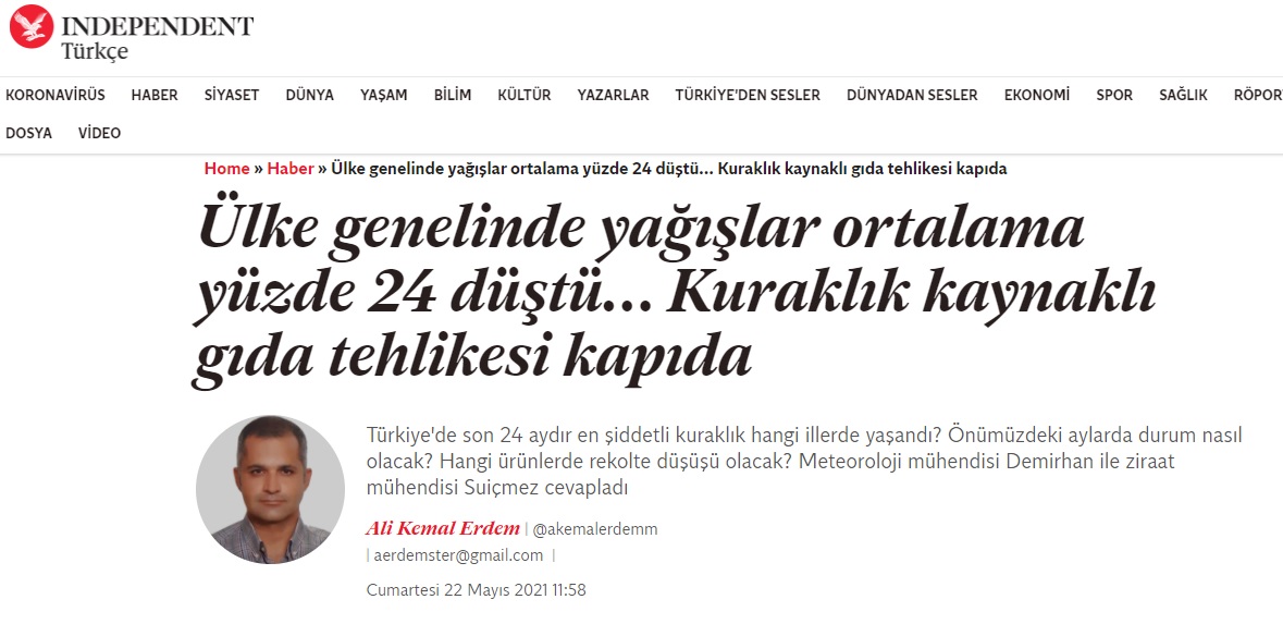 INDEPENDENT TÜRKÇE: ÜLKE GENELİNDE YAĞIŞLAR ORTALAMA YÜZDE 24 DÜŞTÜ... KURAKLIK KAYNAKLI GIDA TEHLİKESİ KAPIDA- 22 MAYIS 2021