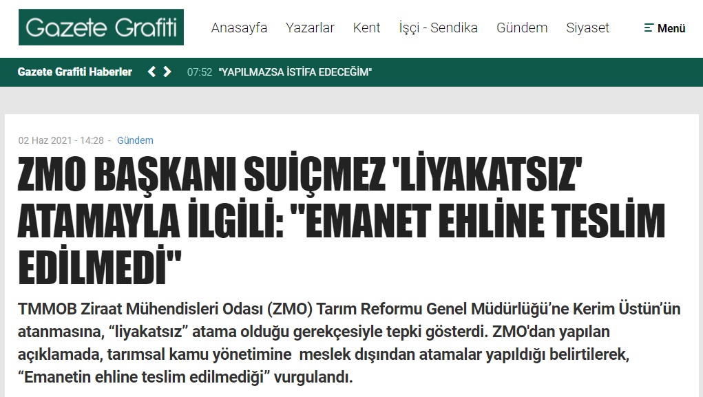 GAZETE GRAFİTİ: ZMO BAŞKANI SUİÇMEZ `LİYAKATSIZ` ATAMAYLA İLGİLİ: "EMANET EHLİNE TESLİM EDİLMEDİ"- 02 HAZİRAN 2021