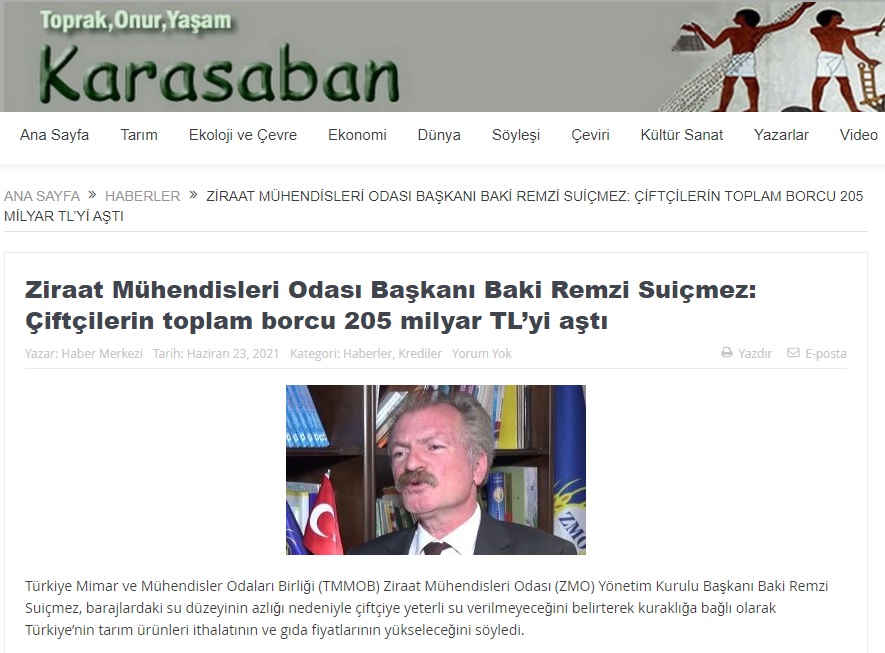 KARASABAN.NET: ZİRAAT MÜHENDİSLERİ ODASI BAŞKANI BAKİ REMZİ SUİÇMEZ: ÇİFTÇİLERİN TOPLAM BORCU 205 MİLYAR TL'Yİ AŞTI- 23 HAZİRAN 2021