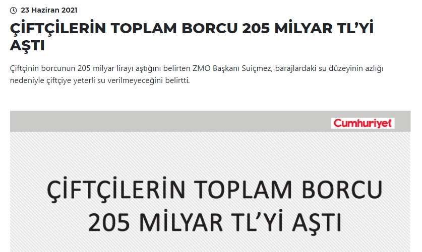 TEKGİDA.ORG.TR: ÇİFTÇİLERİN TOPLAM BORCU 205 MİLYAR TL'Yİ AŞTI- 23 HAZİRAN 2021