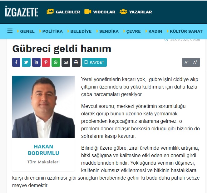 İZ GAZETESİ: GÜBRECİ GELDİ HANIM- 29 EYLÜL 2021