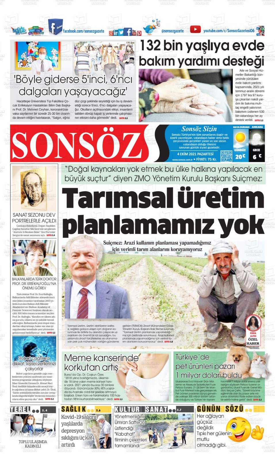 SONSÖZ GAZETESİ: TARIMSAL ÜRETİM PLANLAMAMIZ YOK- 4 EKİM 2021