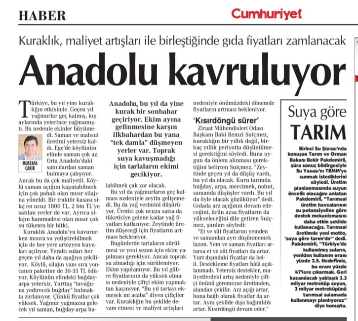 CUMHURİYET GAZETESİ: KURAKLIK, MALİYET ARTIŞLARI İLE BİRLEŞTİĞİNDE GIDA FİYATLARI ZAMLANACAK- 5 EKİM 2021