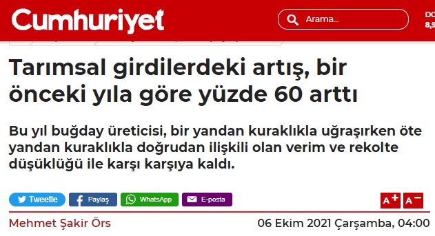 CUMHURİYET GAZETESİ: TARIMSAL GİRDİLERDEKİ ARTIŞ, BİR ÖNCEKİ YILA GÖRE YÜZDE 60 ARTTI- 6 EKİM 2021