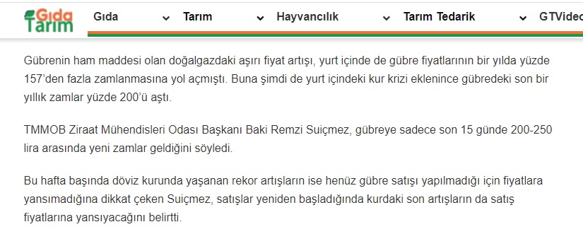 GIDA TARIM: KOTALI SATIŞ TARLAYA İNDİ, GÜBRE SATIŞLARI DURDU: CİDDİ BİR GIDA KRİZİ RİSKİ KAPIDA- 28 KASIM 2021