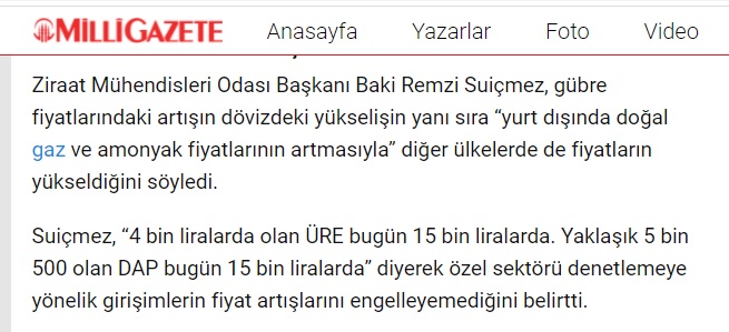 MİLLİ GAZETE: GÜBRE FİYATLARI ARTIK GÜNLÜK ZAMLANIYOR: ÜRETİCİLER GÜBRE ALAMIYOR- 6 ARALIK 2021