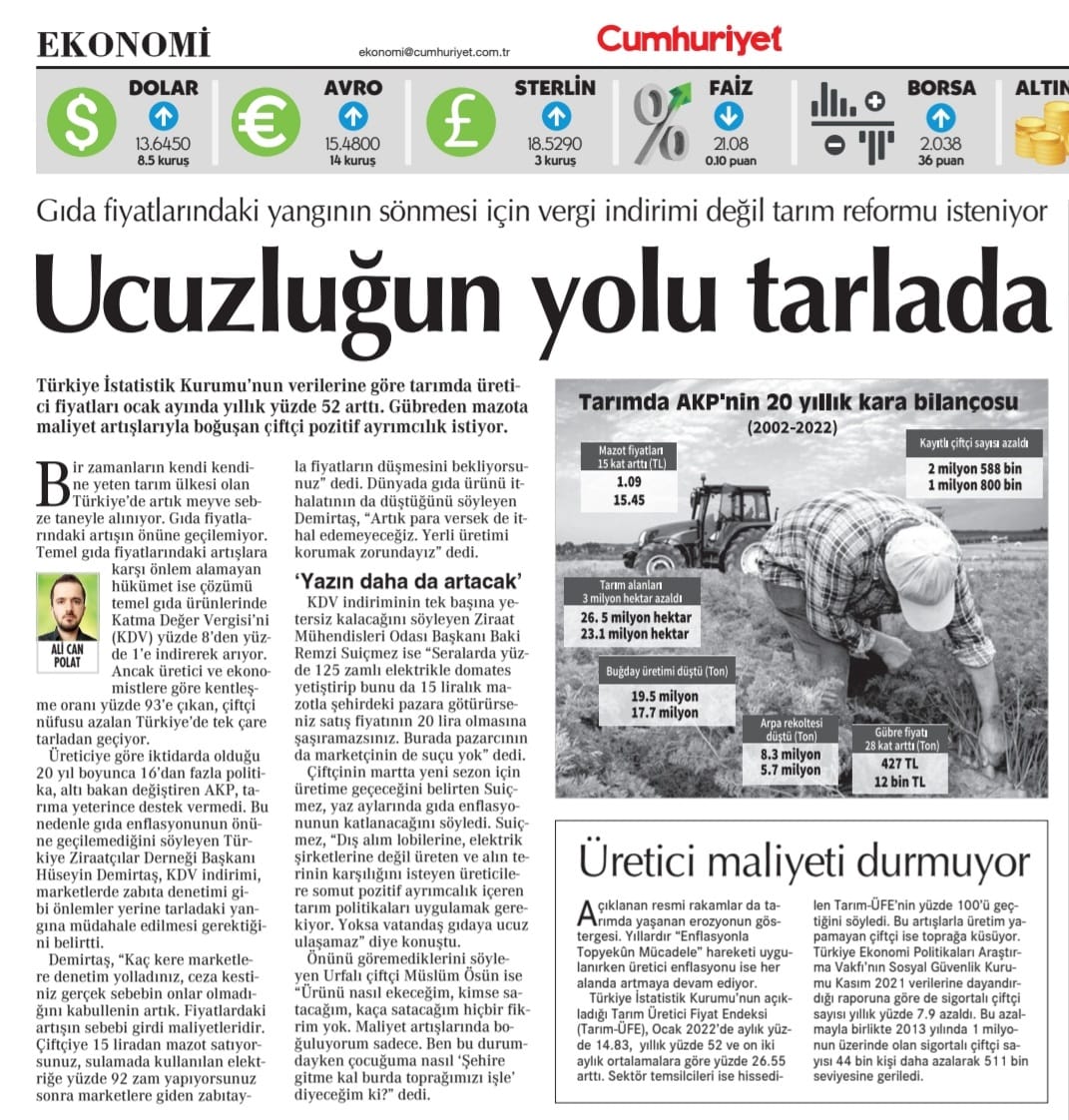 CUMHURİYET GAZETESİ: UCUZLUĞUN YOLU TARLADA- 16 ŞUBAT 2022