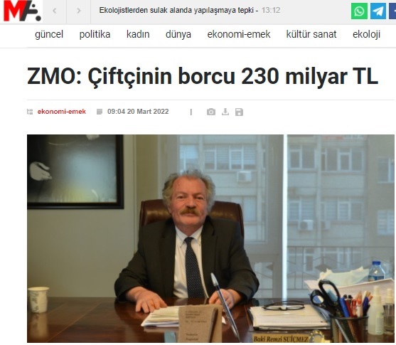 MEZOPOTAMYA AJANSI: ZMO: ÇİFTÇİNİN BORCU 230 MİLYAR TL- 20 MART 2022