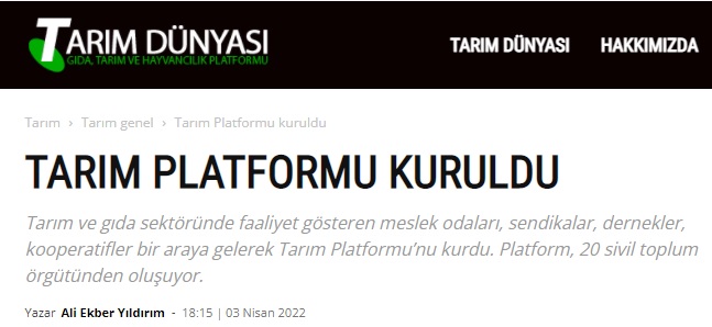 TARIM DÜNYASI: TARIM PLATFORMU KURULDU- 3 NİSAN 2022