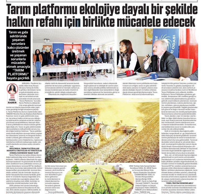 SONSÖZ GAZETESİ: TARIM PLATFORMU EKOLOJİYE DAYALI BİR ŞEKİLDE HALKIN REFAHI İÇİN BİRLİKTE MÜCADELE EDECEK- 5 NİSAN 2022