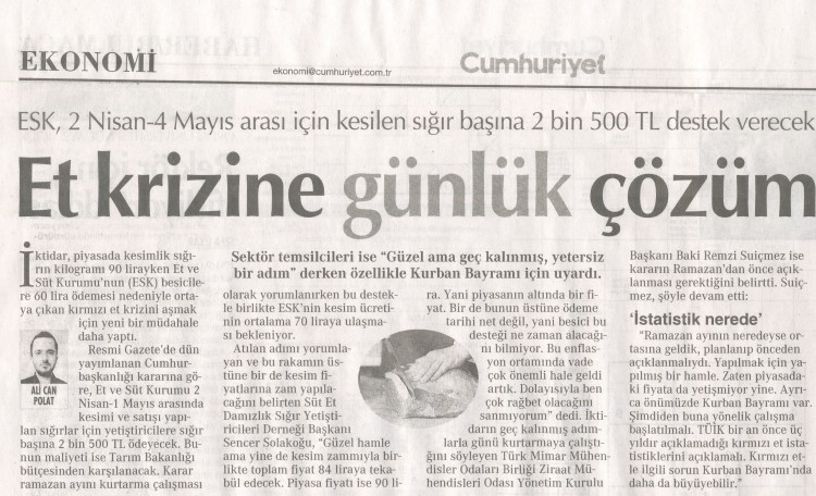 CUMHURİYET GAZETESİ: ET KRİZİNE GÜNLÜK ÇÖZÜM- 14 NİSAN 2022