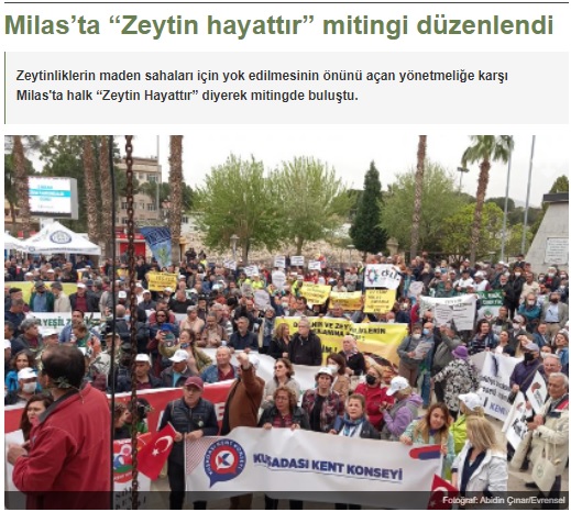 EVRENSEL GAZETESİ: MİLAS'TA "ZEYTİN HAYATTIR" MİTİNGİ DÜZENLENDİ- 17 NİSAN 2022