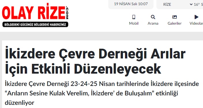 OLAYRİZE.COM: İKİZDERE ÇEVRE DERNEĞİ ARILAR İÇİN ETKİNLİK DÜZENLEYECEK- 19 NİSAN 2022