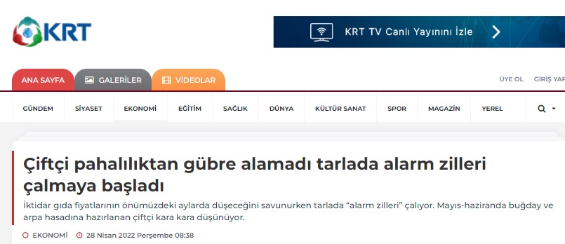KRT TV: ÇİFTÇİ PAHALILIKTAN GÜBRE ALAMADI TARLADA ALARM ZİLLERİ ÇALMAYA BAŞLADI- 28 NİSAN 2022