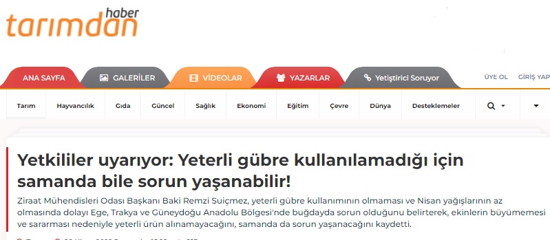 TARIMDAN HABER: YETKİLİLER UYARIYOR: YETERLİ GÜBRE KULLANILAMADIĞI İÇİN SAMANDA BİLE SORUN YAŞANABİLİR!- 28 NİSAN 2022