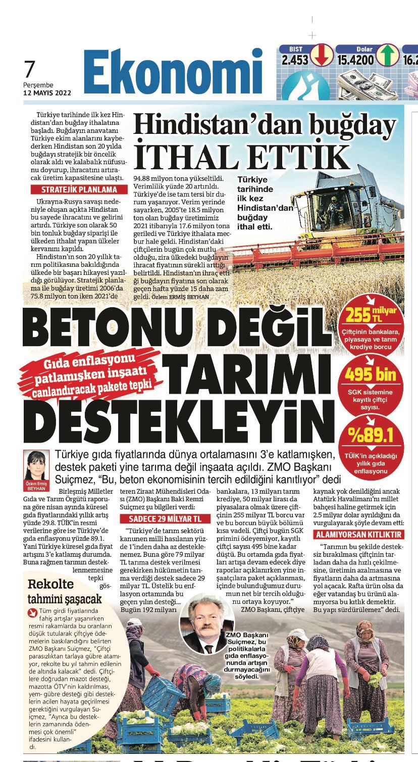 SÖZCÜ GAZETESİ: BETONU DEĞİL TARIMI DESTEKLEYİN- 12 MAYIS 2022