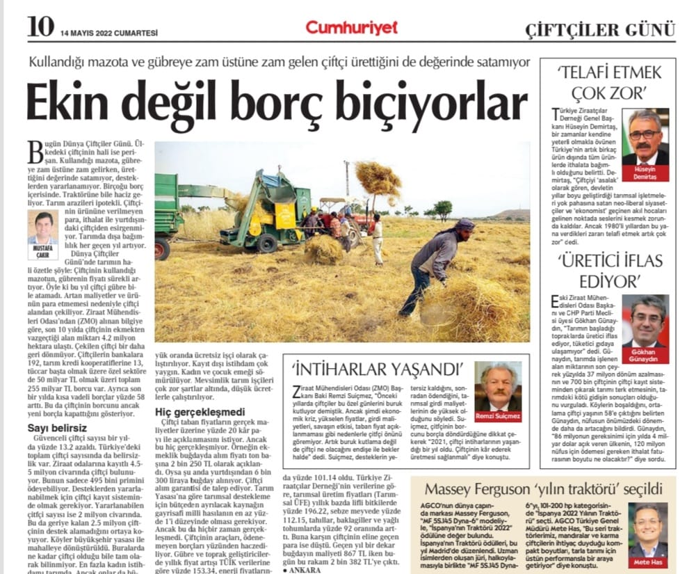 CUMHURİYET GAZETESİ: MAZOT VE GÜBRE FİYATLARI, FINDIK ÜRETİCİSİNİ ZORA SOKTU- 14 MAYIS 2022