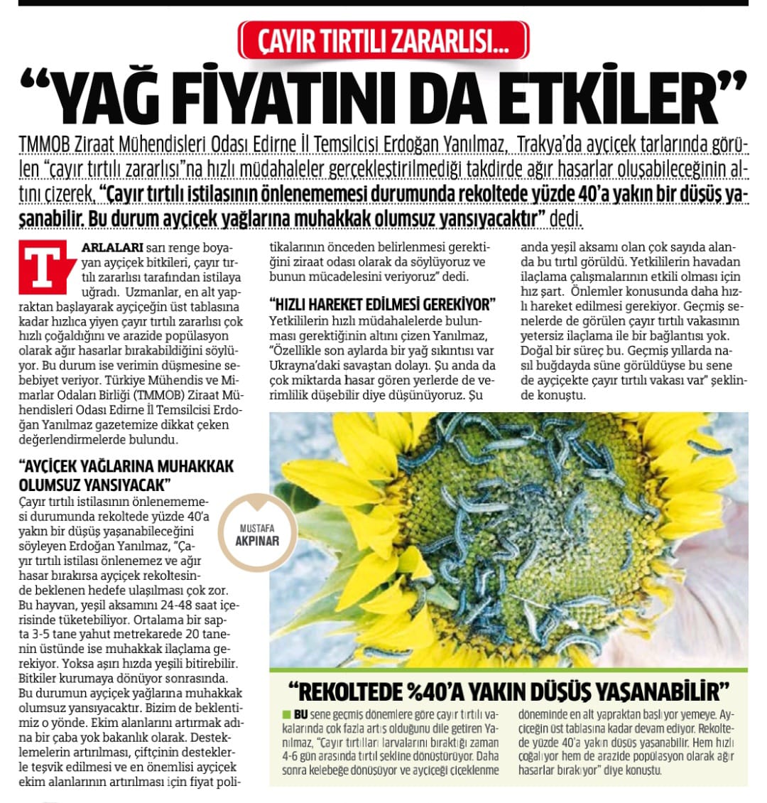 MİLLİ GAZETE: ÇAYIR TIRTILI ZARARLISI... "YAĞ FİYATINI DA ETKİLER"-23 TEMMUZ 2022