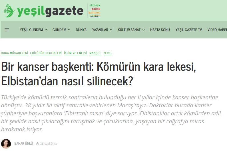 YEŞİL GAZETE: BİR KANSER BAŞKENTİ: KÖMÜRÜN KARA LEKESİ, ELBİSTAN'DAN NASIL SİLİNECEK?- 18 EYLÜL 2022