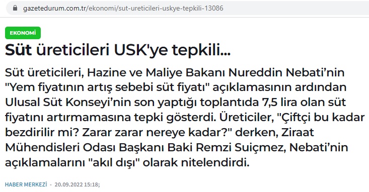 GAZETE DURUM: SÜT ÜRETİCİLERİ USK`YE TEPKİLİ...- 20 EYLÜL 2022