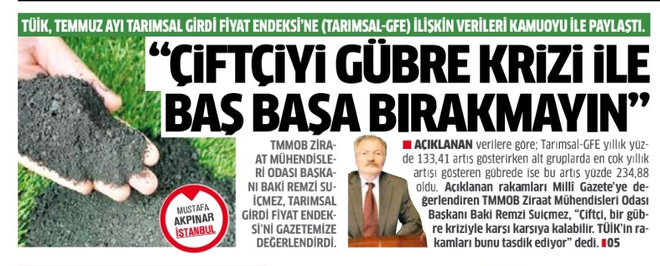 MİLLİ GAZETE: ÇİFTÇİ GÜBRE KRİZİYLE KARŞI KARŞIYA KALABİLİR- 23 EYLÜL 2022