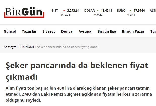 BİRGÜN GAZETESİ: ŞEKER PANCARINDA DA BEKLENEN FİYAT ÇIKMADI- 24 EYLÜL 2022