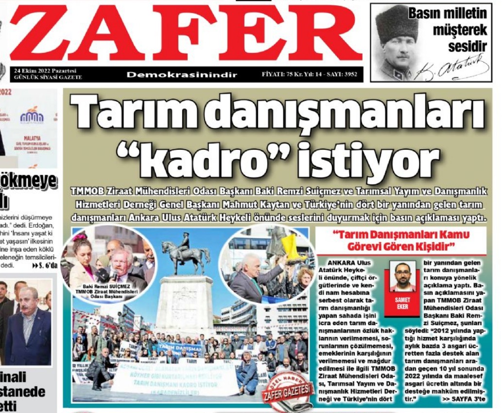 ZAFER GAZETESİ: "TARIM DANIŞMANLARININ SORUNLARINI ÇÖZÜN"